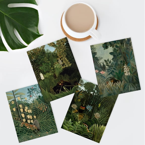 PixonSign Tropical Jungle Wildlife Scenes Wall Art Prints, Set of 4 Rustic Village Landscape Paintings, Minimalism Wall Décor, Adhesive Canvas Poster for Home Decor - 8"x10"