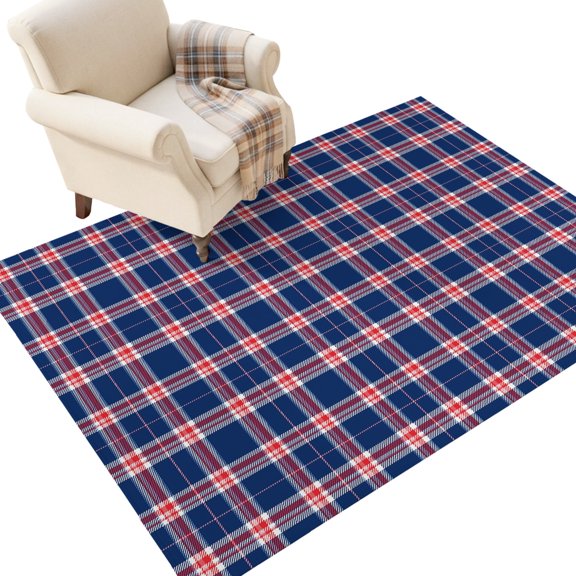 Plaid Overlays Washable Area Rug 2.7 x 5 ft Minimalist Blue Red Gingham Intersecting Band Soft Non‑Slip Rugs Stain Repellent Indoor Mats for Kitchen Aisle, Foyer, Foot‑of‑Bed, Mudroom