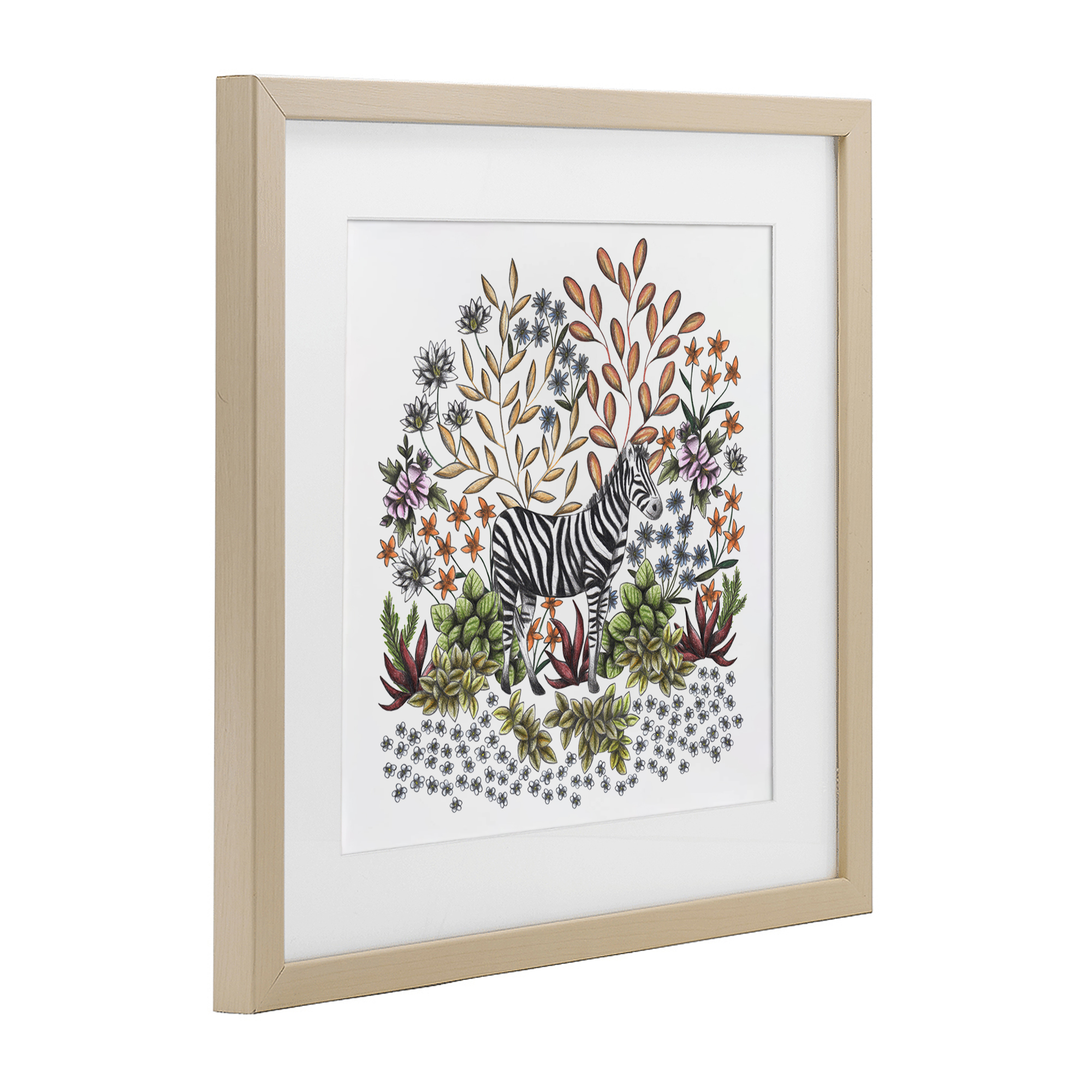 Jungle Wildlife Zebra Birch Framed Print Under Glass, design by Cecilia Battaini