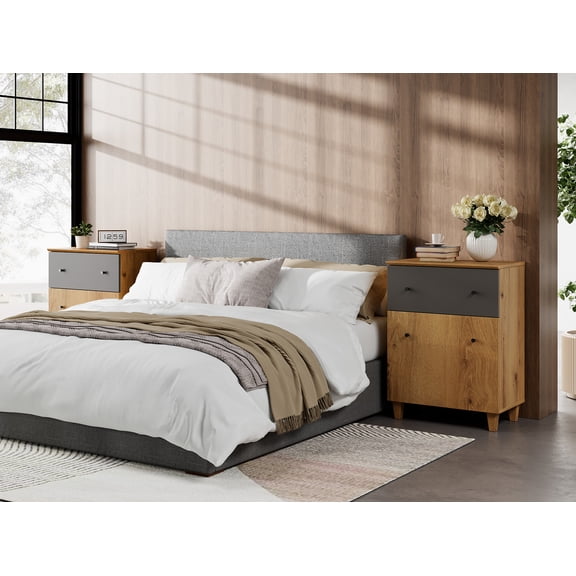 Large Bedroom Nightstands - Set of 2, Bedside Table with Drawer and Adjustable Shelf, Brown