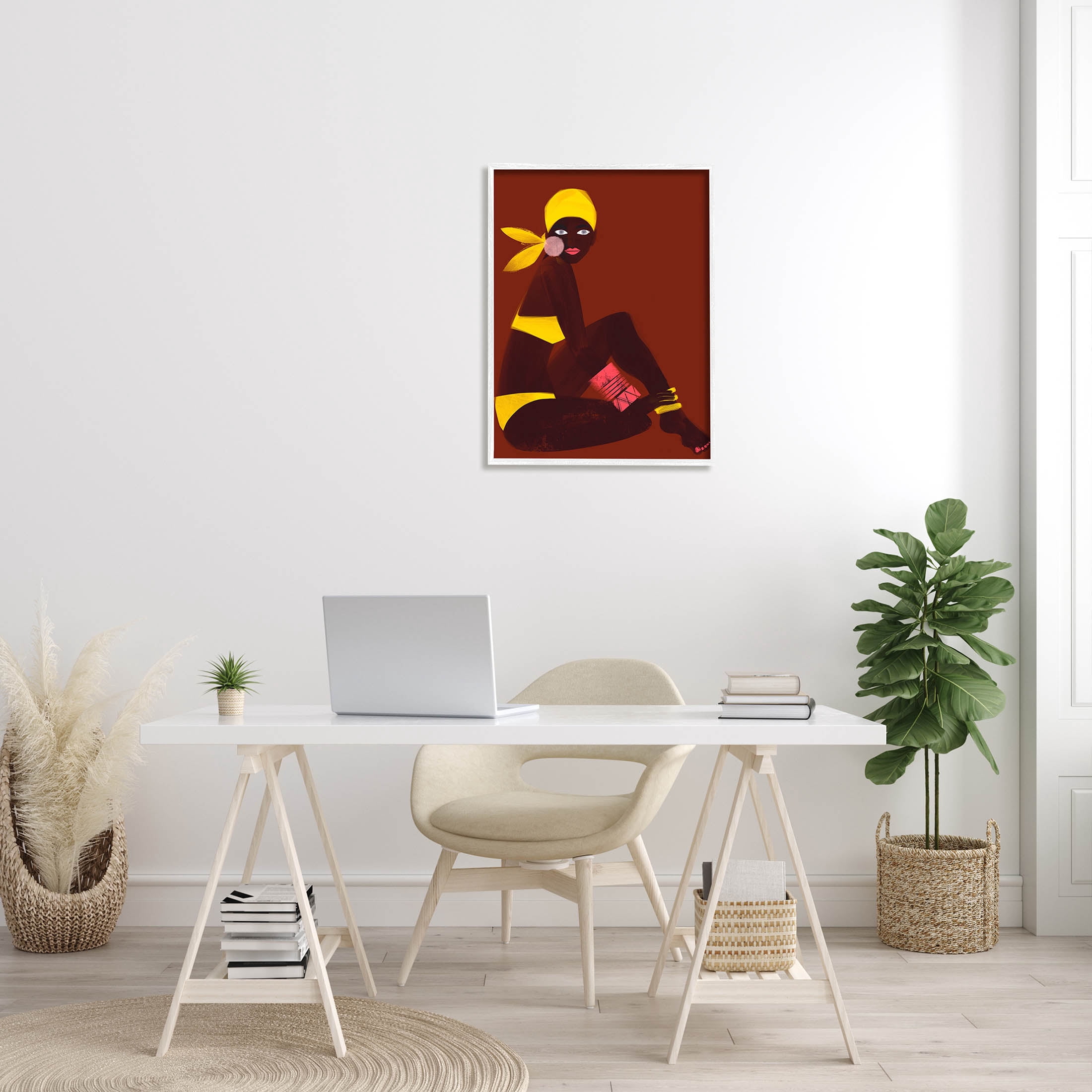 Woman Sitting Yellow Swimsuit Abstract Graphic Art White Framed Art Print Wall Art