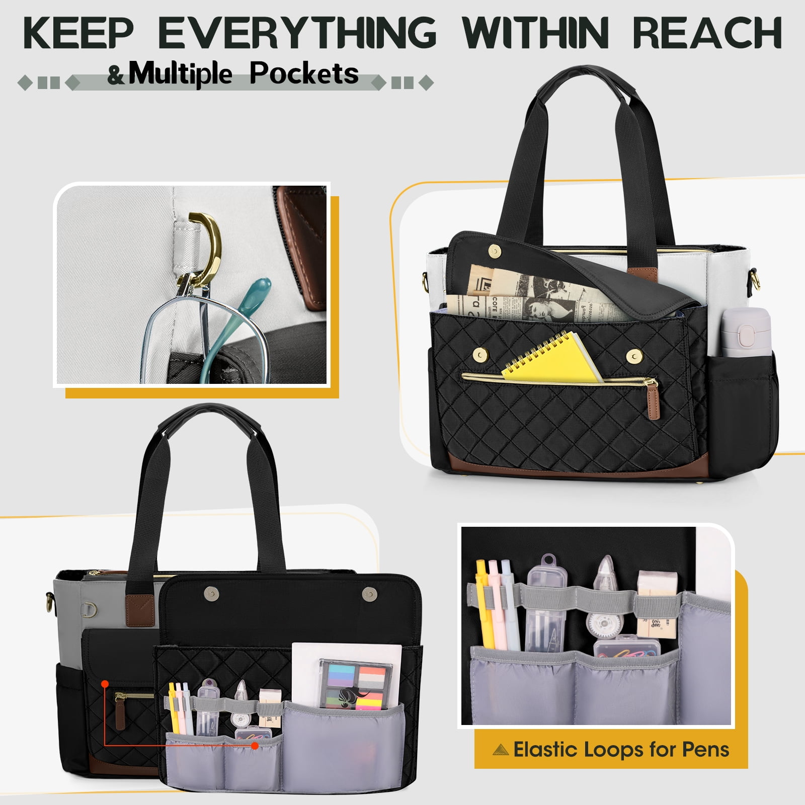 RAINSMORE Teacher Tote Bag 15.6 inch Laptop Bag for Women with Small Bag Professional Work Tote Bags Nurse Bag Computer Briefcase,Black/White/Brown