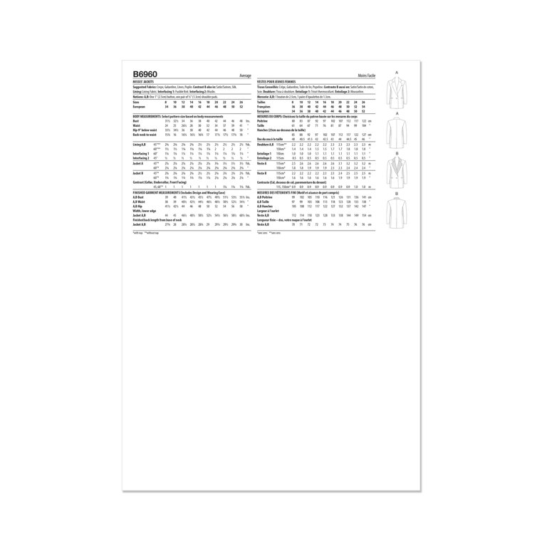 BUTTERICK B6960Y5 Patrón De Costura Para Chaqueta De Mujer – Tallas Y5 (18-20-22-24-26) – Solapa Con Muescas, Cierre De Un Botón, Forrada