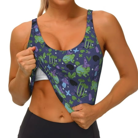 Qokaie Magic Toads in Hats Pattern Womens Scoop Neck Sports Bra Breathable Workout Vest Padded U Back Medium Impact Fitness Gym Yoga Bra Workout Crop Top