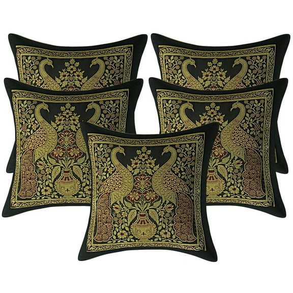 Stylo Culture Ethnic Boho Black And Gold Linen Throw Pillow Covers Peacock Floral 12x12 Jacquard Weave Banarsi Decorative Sofa Throw Pillow Covers Brocade 30x30 cm Cushion Covers (Set Of 5)