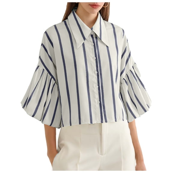 Women’s 3/4 Lantern Sleeve Tops Lapel Collar Button down Loose Fashion Stripe Shirts ,Blue,L