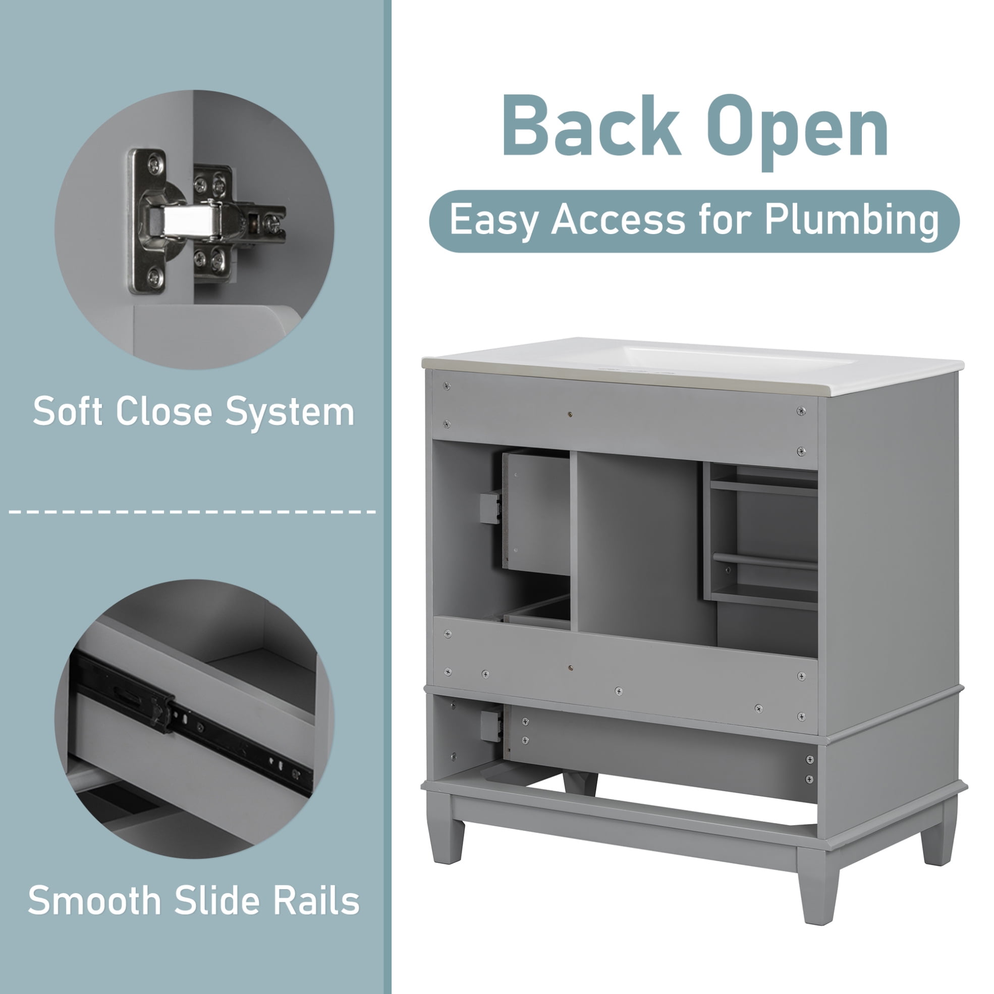 30" Bathroom Vanity with Sink Combo, Modern Bathroom Storage Cabinet with 3 Drawers and 1 Soft Closing Door, Freestanding Solid Wood Bathroom Vanities, Grey