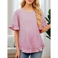 thumbnail image 4 of Women'S Round Neck Half-Sleeve Striped Loose Casual Shirt Ruffled Tops Red Stripe XL, 4 of 7