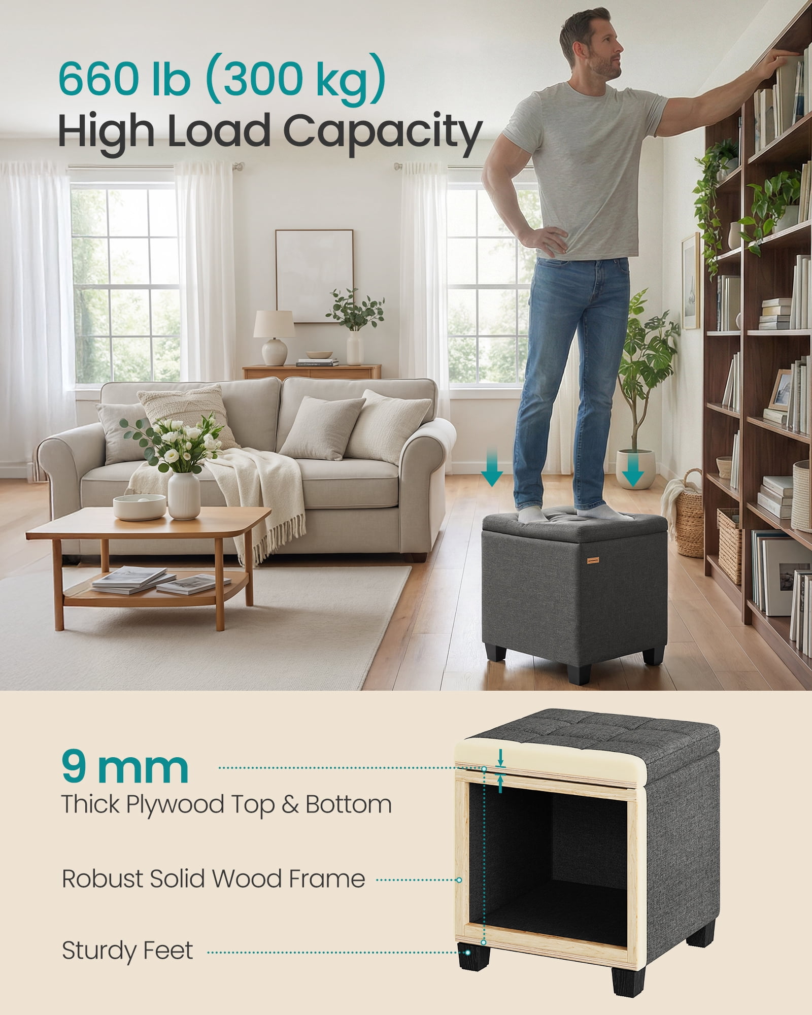 SONGMICS Square Storage Ottoman, Foot Stool Footrest, Ottoman Cube with Hinged Lid, 16.9 x 16.9 x 18.1 Inches, Linen-Look Fabric, Slate Gray