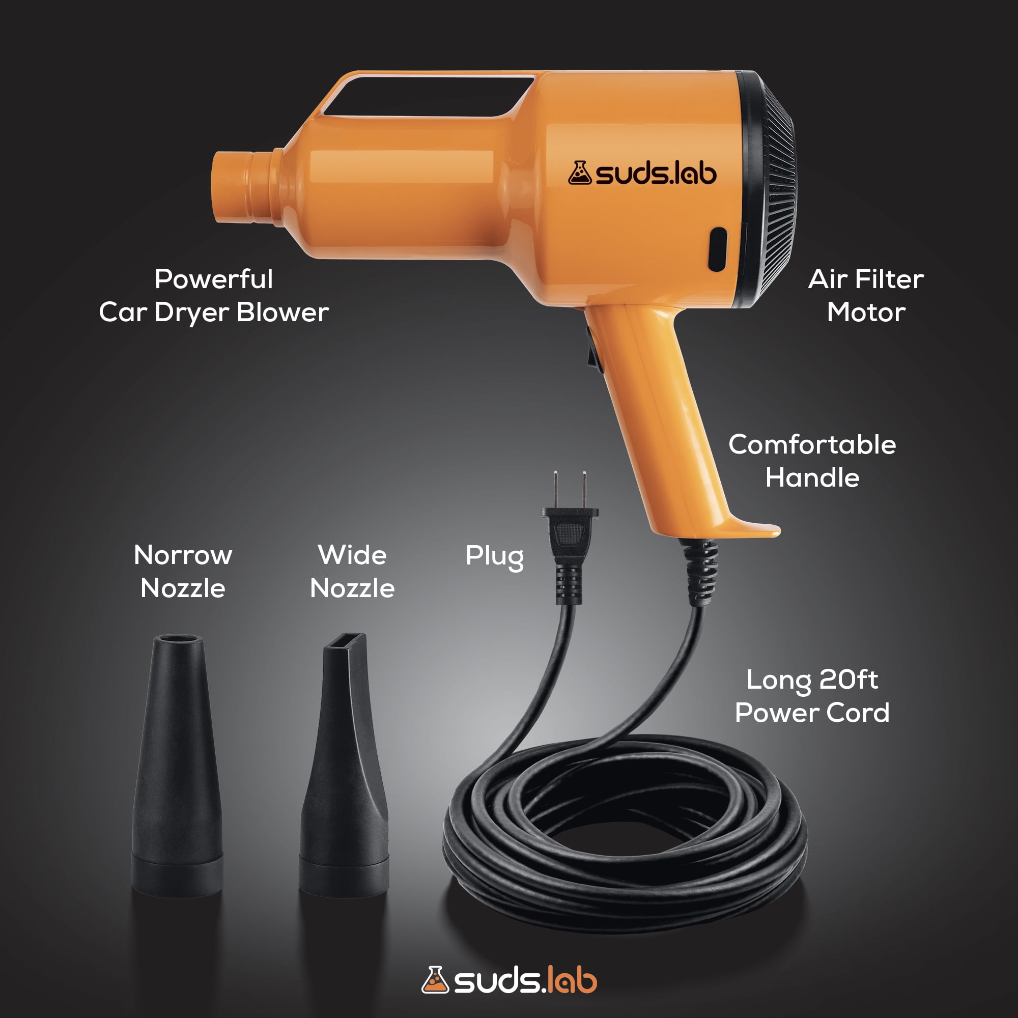 Suds Lab JD Jet Dry Car Drying Blower - 1.5HP Powerful Air Blower With 20ft Cord & 2 Nozzles
