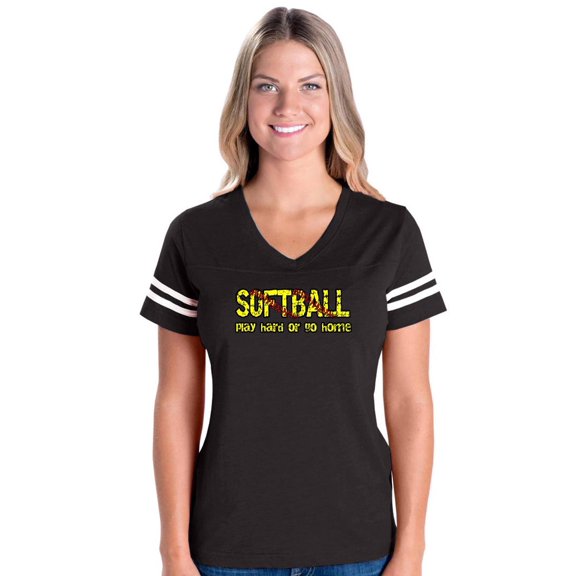 Womens Softball Play Hard or Go Home Football V-Neck T-Shirt