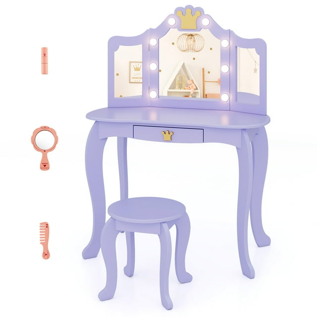 Costway Kids Vanity Set Princess Vanity Table & Chair Set with Lighted Mirror Purple