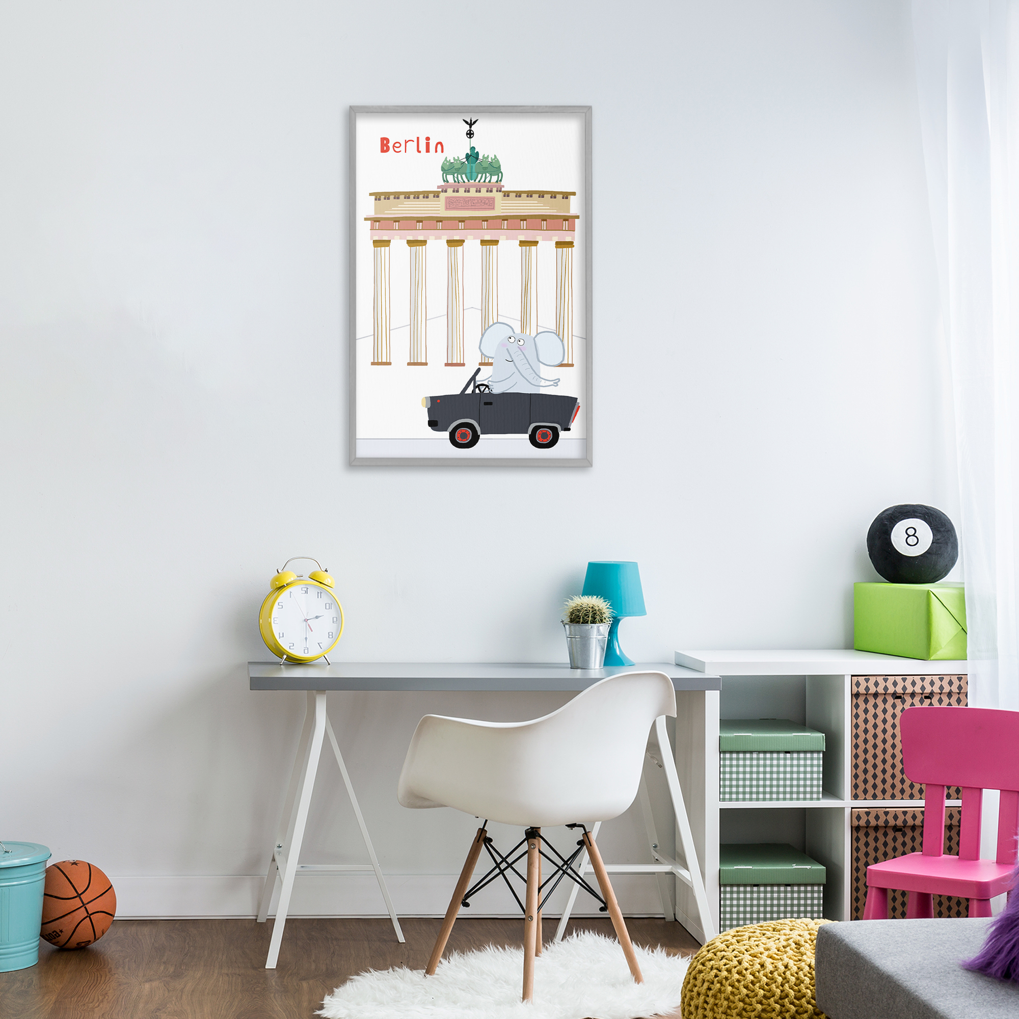 Elephant & Berlin Architecture Gray Framed Giclee Art, design by Carla Daly