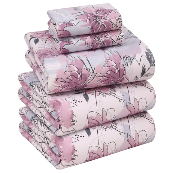 RUVANTI 100% Cotton Sheets – Split King Size Percale Bedding, Cooling & Breathable Floral Design, Durable with a Crisp, Soft & Comfortable Feel, 16" Deep Pocket, 5-Piece Set, Lilac Floral