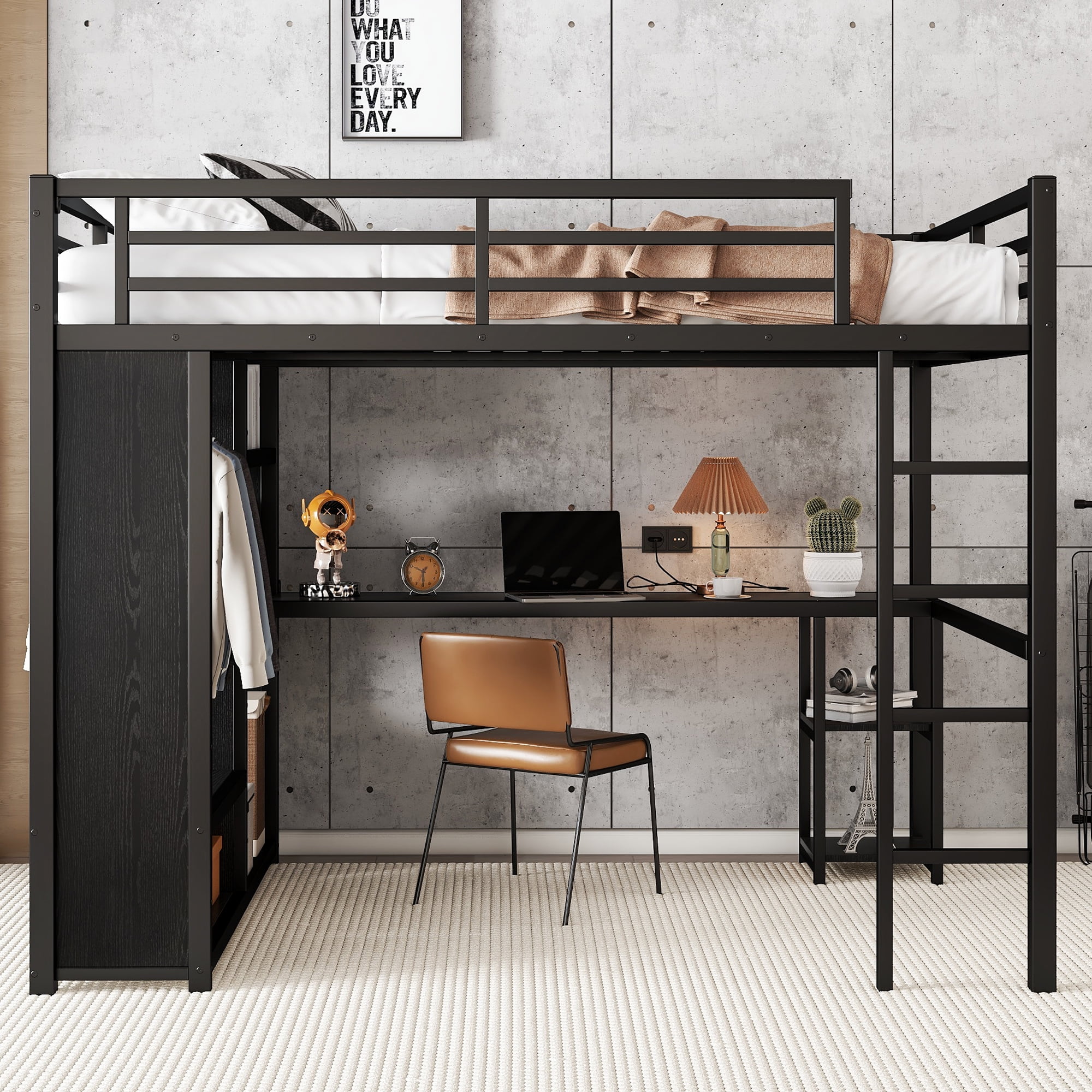 Mintazer Queen Size Loft Bed Frame with Built-in Wardrobe, Sturdy Metal Loft Bed with Desk and Storage Shelves, Black