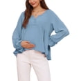 thumbnail image 1 of Blusa de maternidad para mujeres Inspire Chic, tops de corte alto-bajo, cuello en V, estilo babydoll, con botones, de manga larga, con linterna, plisada, fruncida, con volantes, embarazo, 2XL, azul, 1 of 6