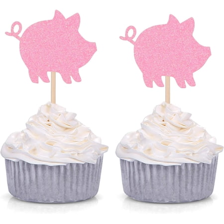 Pink Glitter Pig Cupcake Toppers, 12 Pack Farm Animal Themed Picks for Kids Birthday, Barnyard Party Cake Decor Supplies