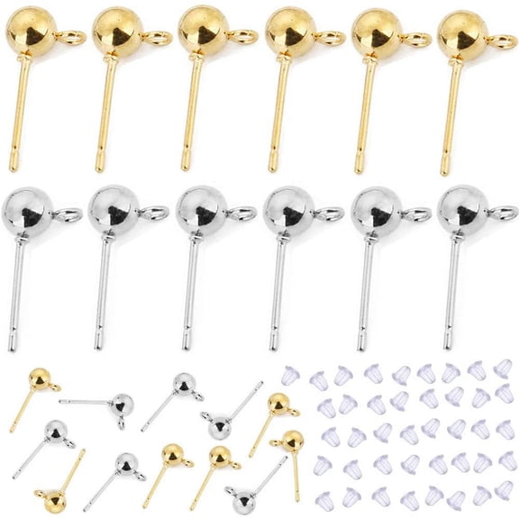 300 Pieces Round Ball Earrings Posts, Earrings Posts with Ring, Ball Post Earring Studs with 300 Pieces Earring Backs Replacements for Jewelry Earring Making Findings