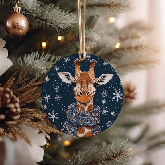 Cute Giraffe Ceramic Ornament, Snowflake Scarf Design, Circular Christmas Decor, Doodle Animal Decoration, Winter Theme Keepsake