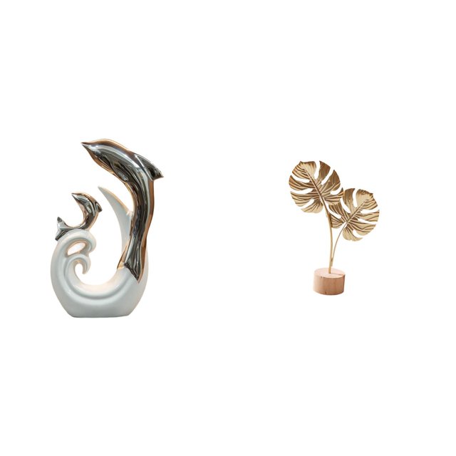 Escultura de delfín de cerámica blanca, escultura de hoja, estatua de hoja de metal, figura artística de hoja con base, decoración de metal y cerámica