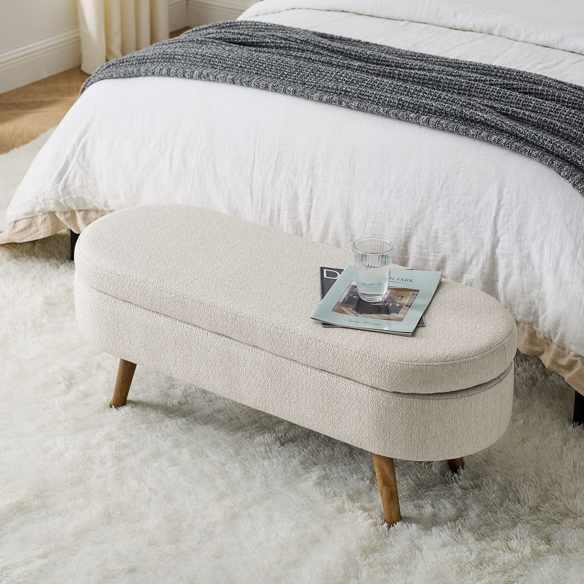 DEALTOPS 3D Linen Fabric Ottoman, Oval Storage Bench with Storage Space and Rubber Wood Legs, Beige