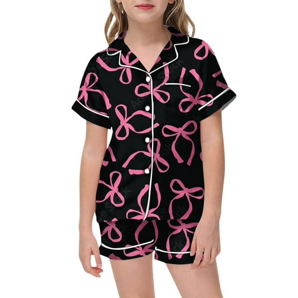 Luvoko Toddler Girls Bow Tie Printed Lapel Short Sleeve Top Comfortable Shorts Pajamas Set Cute Buttons Designed Comfortable Breathable Home Wear Baby Girl Thanksgiving Outfit 3-6 Months Spearmint