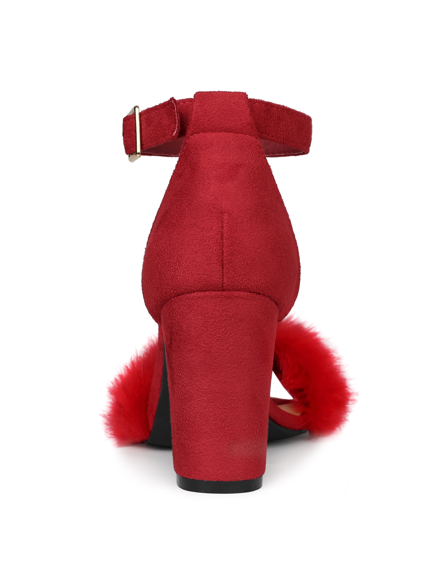 DARING DIVA Women's Ankle Strap Faux Fur Block Heels Beige Sandals for Wear Red 7