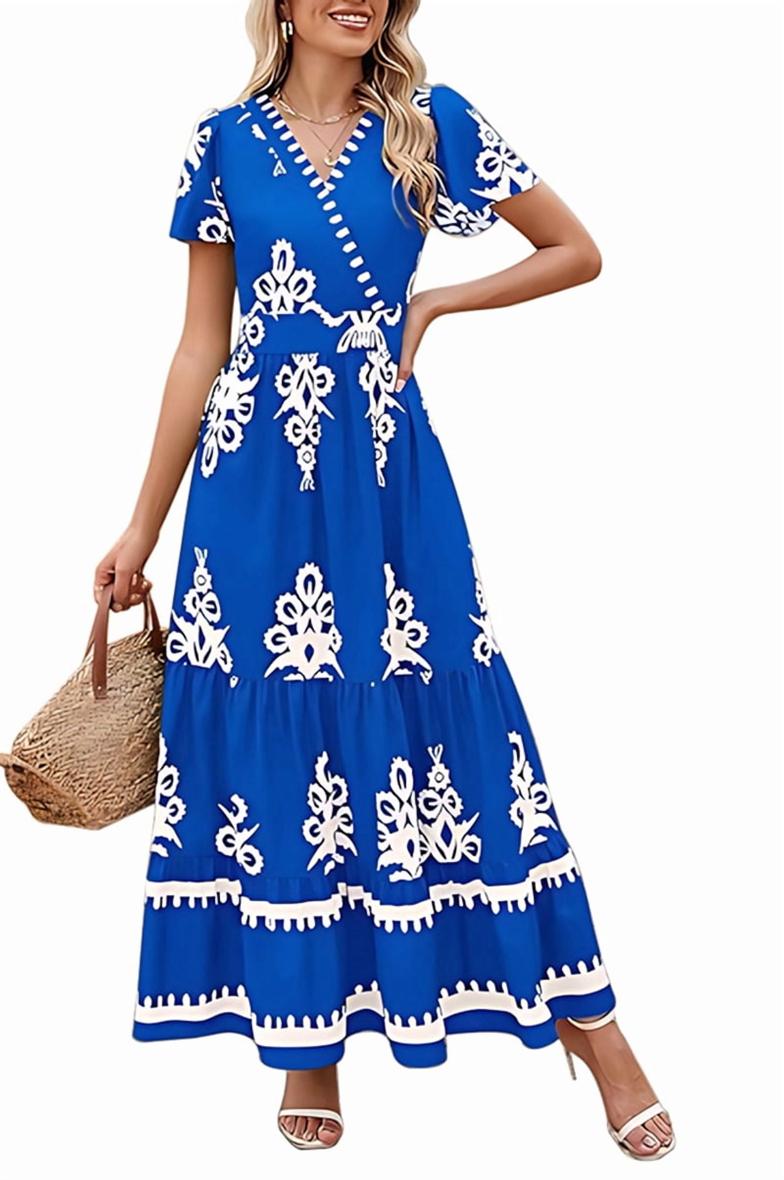 Womens 2025 Summer Casual V Neck Boho Maxi Dress Flowy Aline Bell Sleeve Tiered Floral Dresses with Pocket Blue L