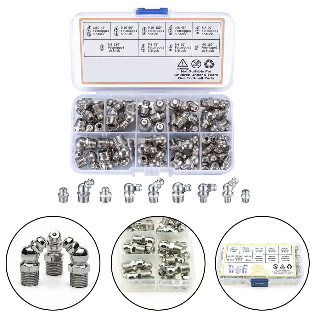 60 Piece Grease Fitting Kit with Needle Nozzle for Hard to Reach Areas
