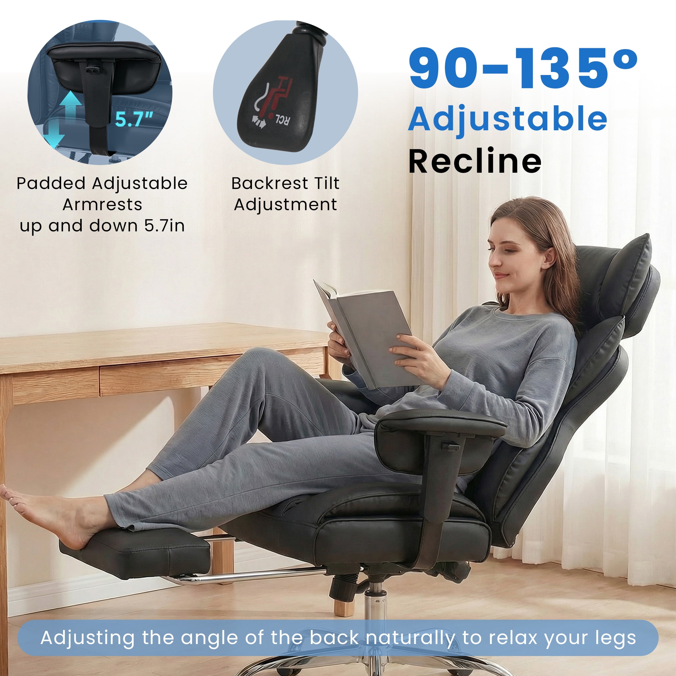 EDX Big and Tall Home Office Chair with Adjustable Armrests and Footrest,PU Leather Excutive Computer Chair with Wide Seat,Desk Chair with Ergonomic Lumbar Support,Black