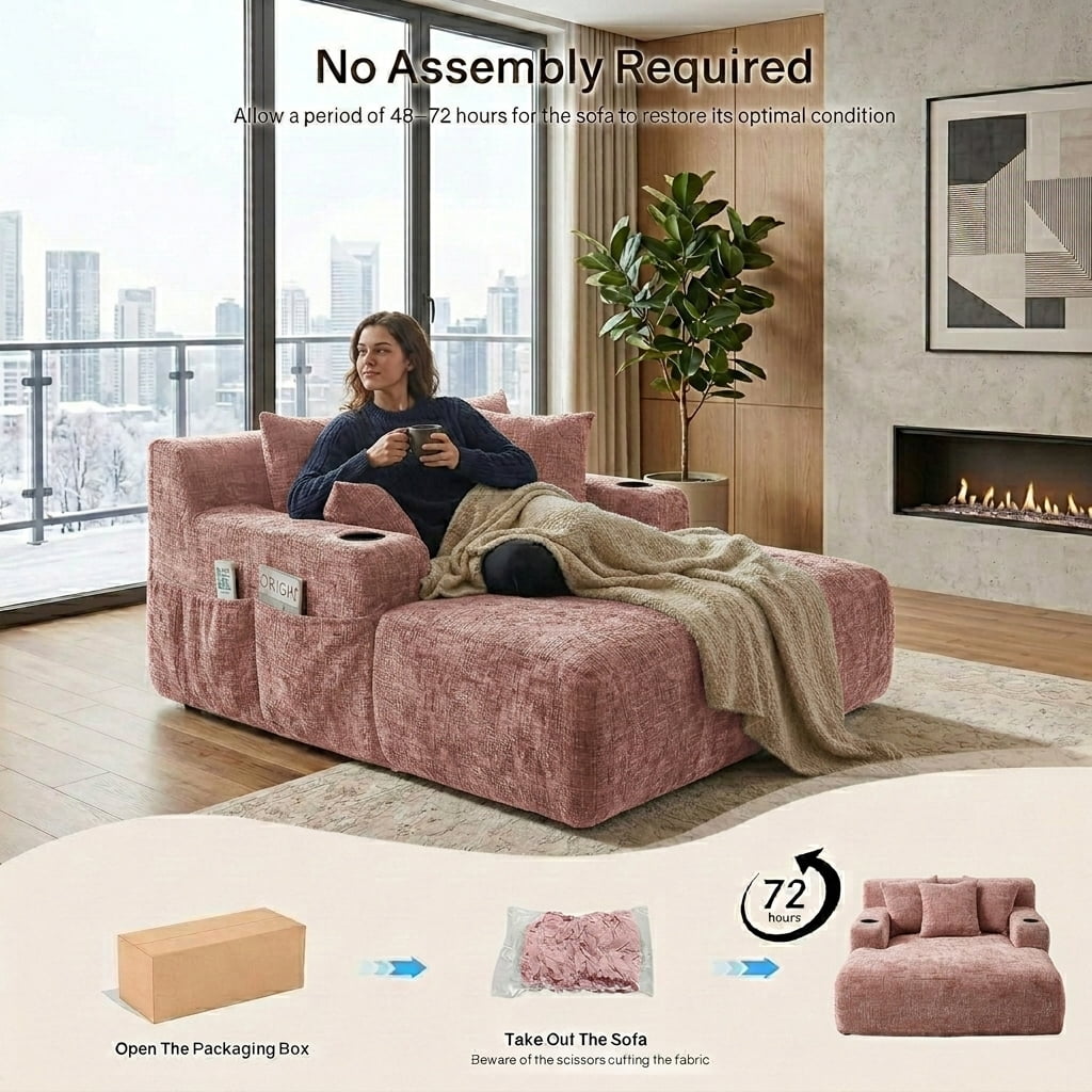 MOONMISS Chenille Chaise Lounge Chair Indoor, Single Sleeper Sofa Chair with Pillows & Cup Holders, Comfy Compression Sofa Bed for Living Room, Bedroom