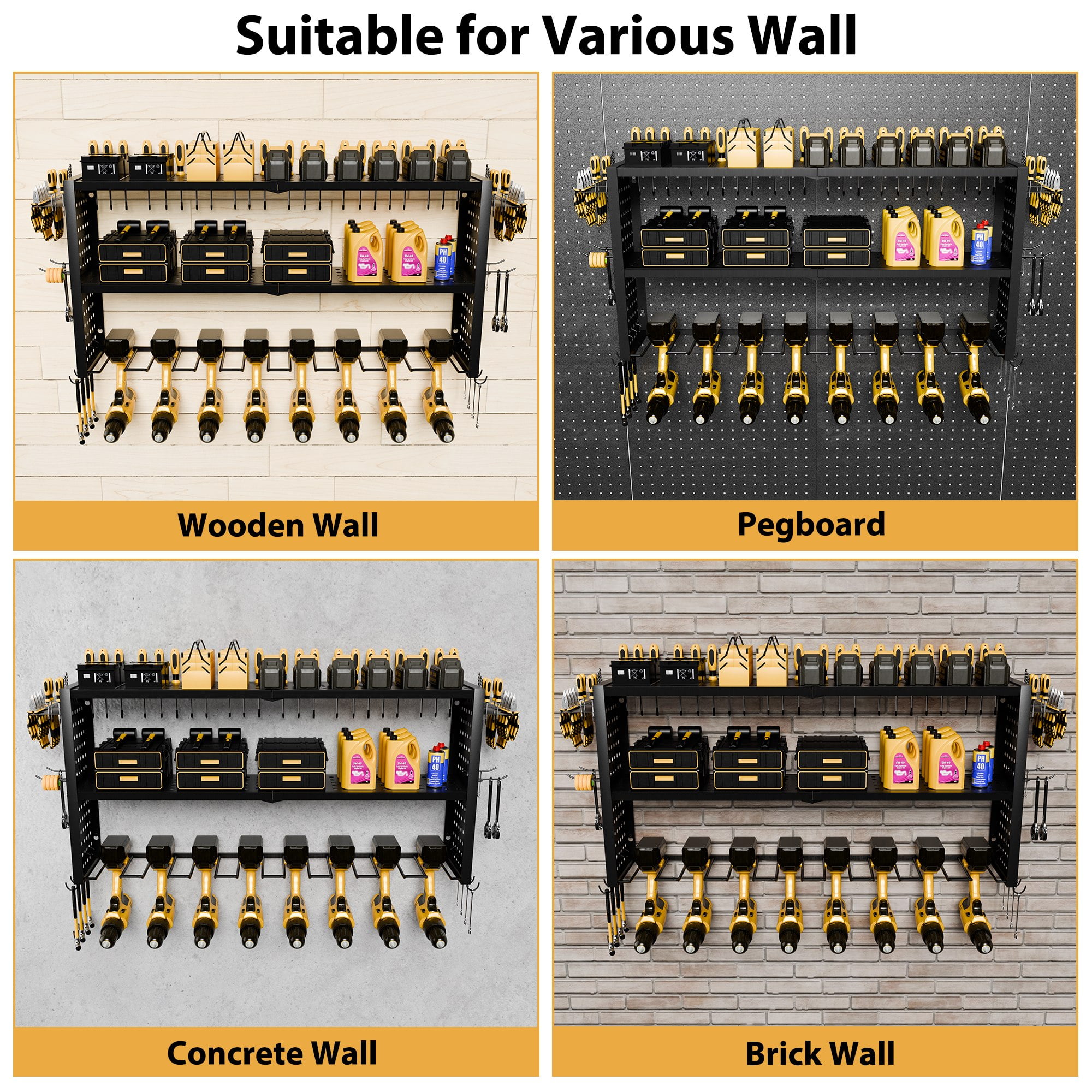 YHGJ Wall Mount Power Tool Organizer 8 Drill Holder, 3 Layer Heavy Duty Metal Storage Rack Floating Tool Shelf with Pegboard, Garage Tool Organizer with Screwdriver/Plier/Hammer Holder