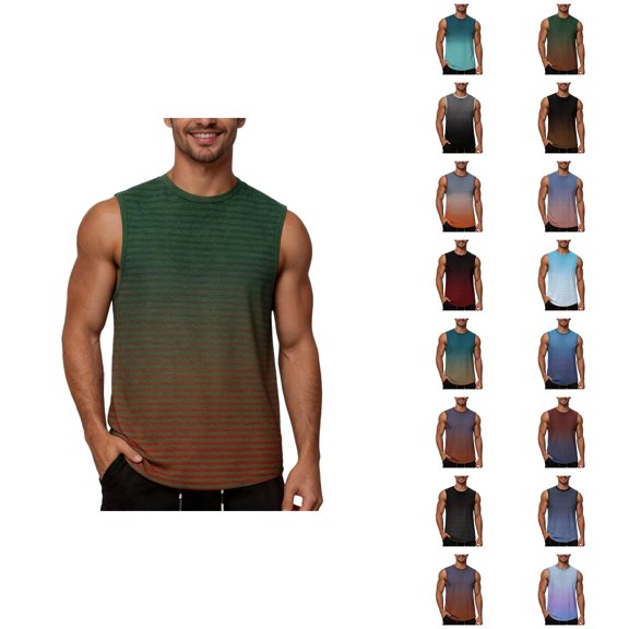 Striped Tank Tops for Men Gradient Color Crewneck Sleeveless Shirt Summer Casual Beach Vacation Tops