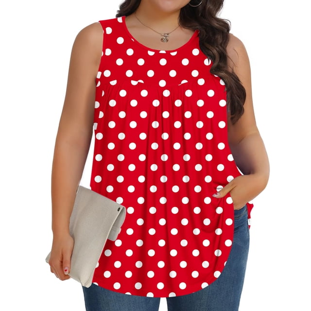 Sentmoon T-Shirts Graphiques pour Femmes Grande Taille Col Rond Débardeur Plissé pour Femmes Coupe Ample Imprimé Graphique Sans Manches Chemises Hawaïennes Été 2025 Élégante pour Festival de Musique Rouge TTTTG