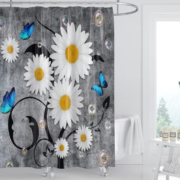 Floral Butterfly Grey Shower Curtains for Bathroom, White Daisy Farmhouse Rustic Shower Curtain, with 12 Hooks, Fabric Flower Bathroom Shower Curtains, 71x71inch