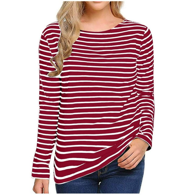 KIHOUT Liquidation Hauts, Chemises à Manches Longues pour Femmes Blouse à Imprimé Rayé Col Rond Tunique Décontractée d'Automne Chandails à Enfiler