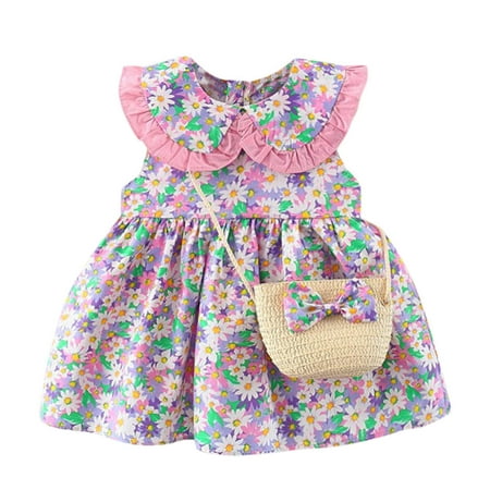 

Toddler Girls Casual Peter Pan Collar Floral Flowers Summer Princess Dresses