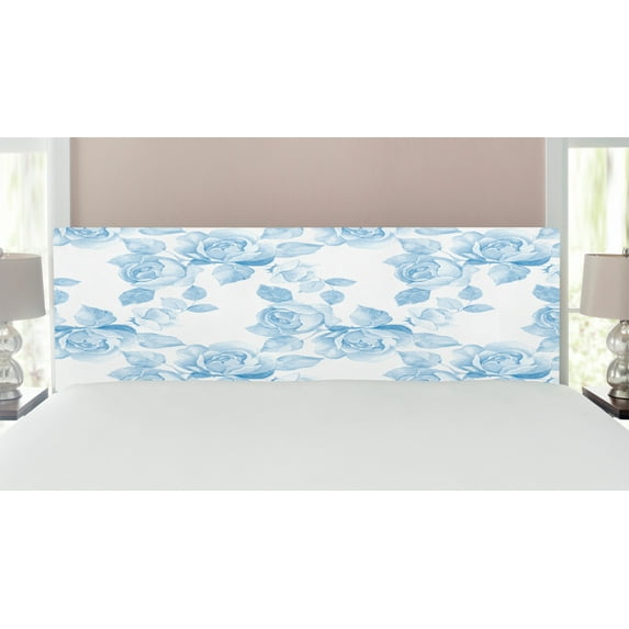 Rose Headboard, Faint Faded Floral Dreamy Branch Plant Fashion Pastel Spring Seasonal Design, Upholstered Decorative Metal Bed Headboard with Memory Foam, King Size, Soft Blue White, by Ambesonne