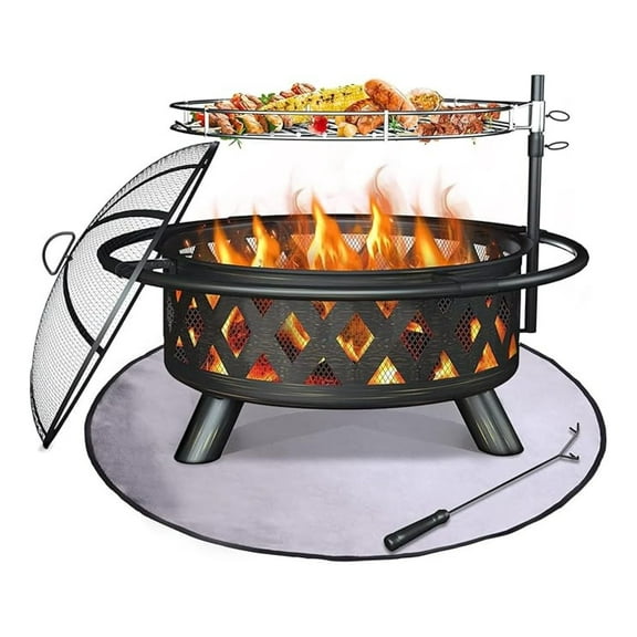 with Mat & Cover, 30 Inch Large Outdoor Wood Burning , Patio Backyard Firepit with Steel BBQ Grill Cooking Grate, Screen