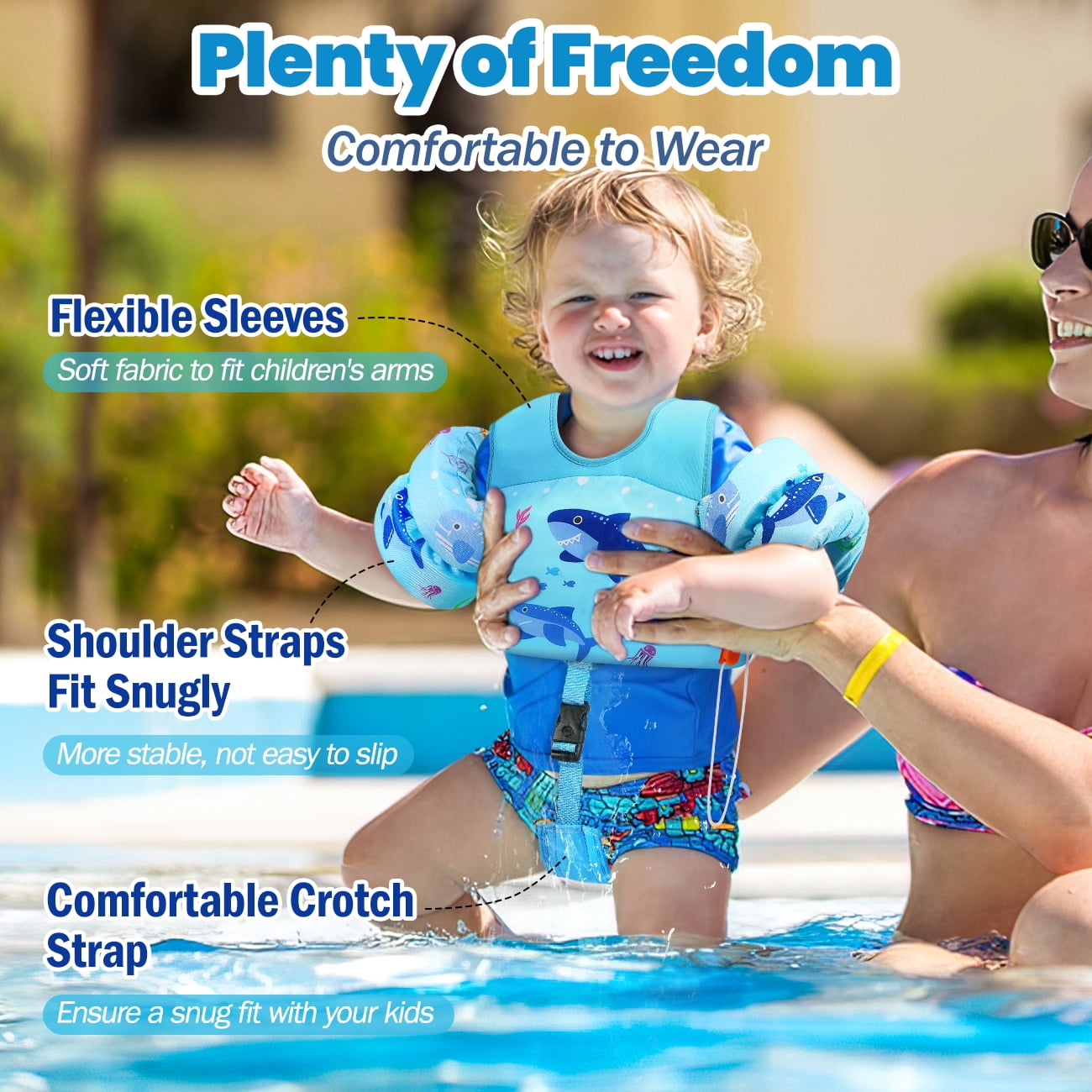 HeySplash Swim Vest for Kid,Arm Floaties with Adjustable Strap Fit 3-5 Years,Pool Sea Swimming Aid,Blue Shark