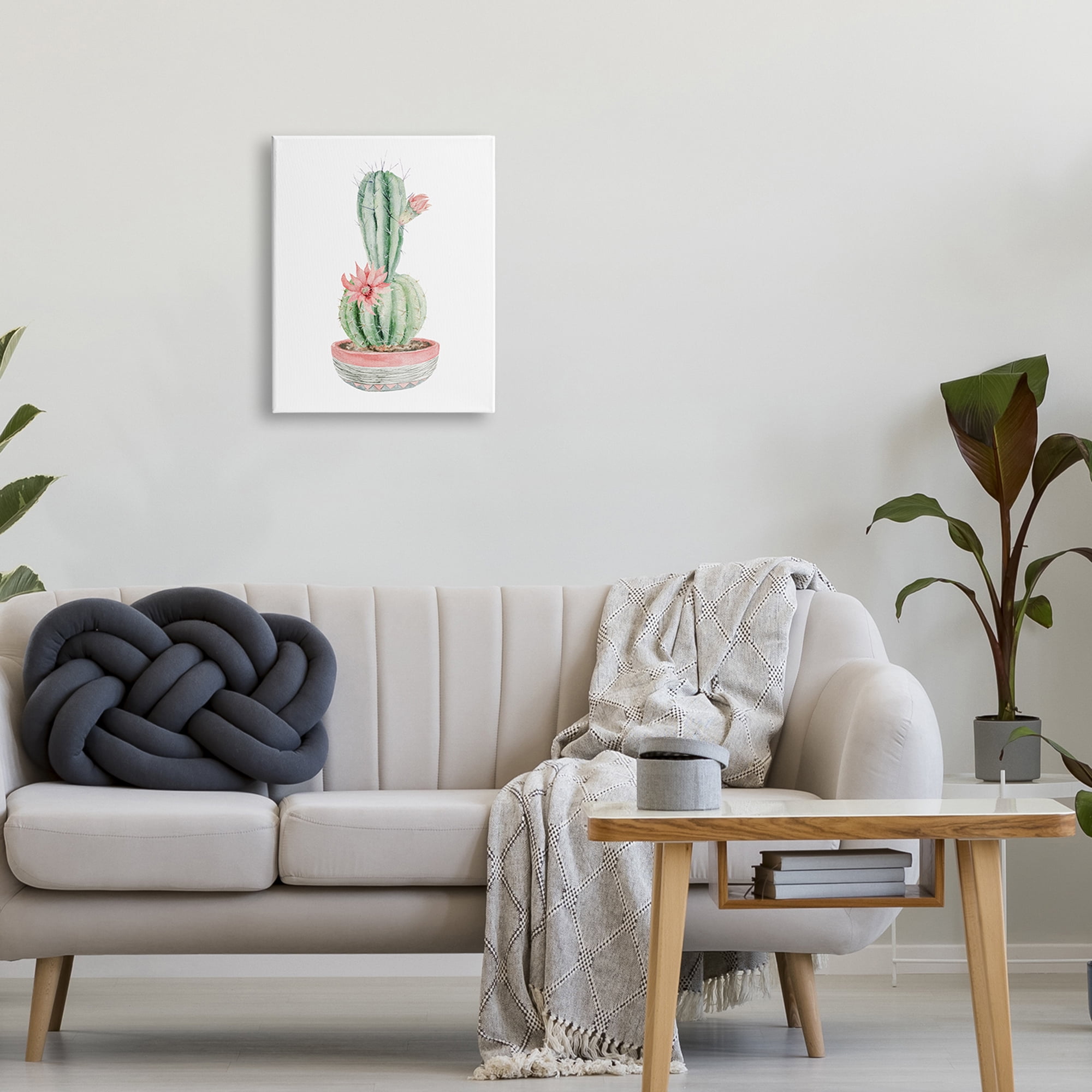 Stupell Industries Minimal Potted Cactus Plant Pink Blossom Illustration Paintings Gallery-Wrapped Canvas Print Wall Art, 16x20, by Mela Fay