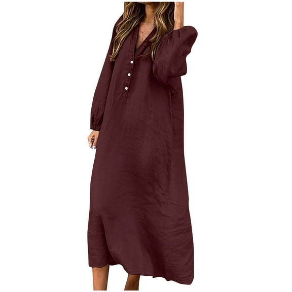 IROINNID Maxi Dress for Women Strapless V-Neck Shift Dress Winter V-Neck Long Sleeve Button Long Dress ,Burgundy