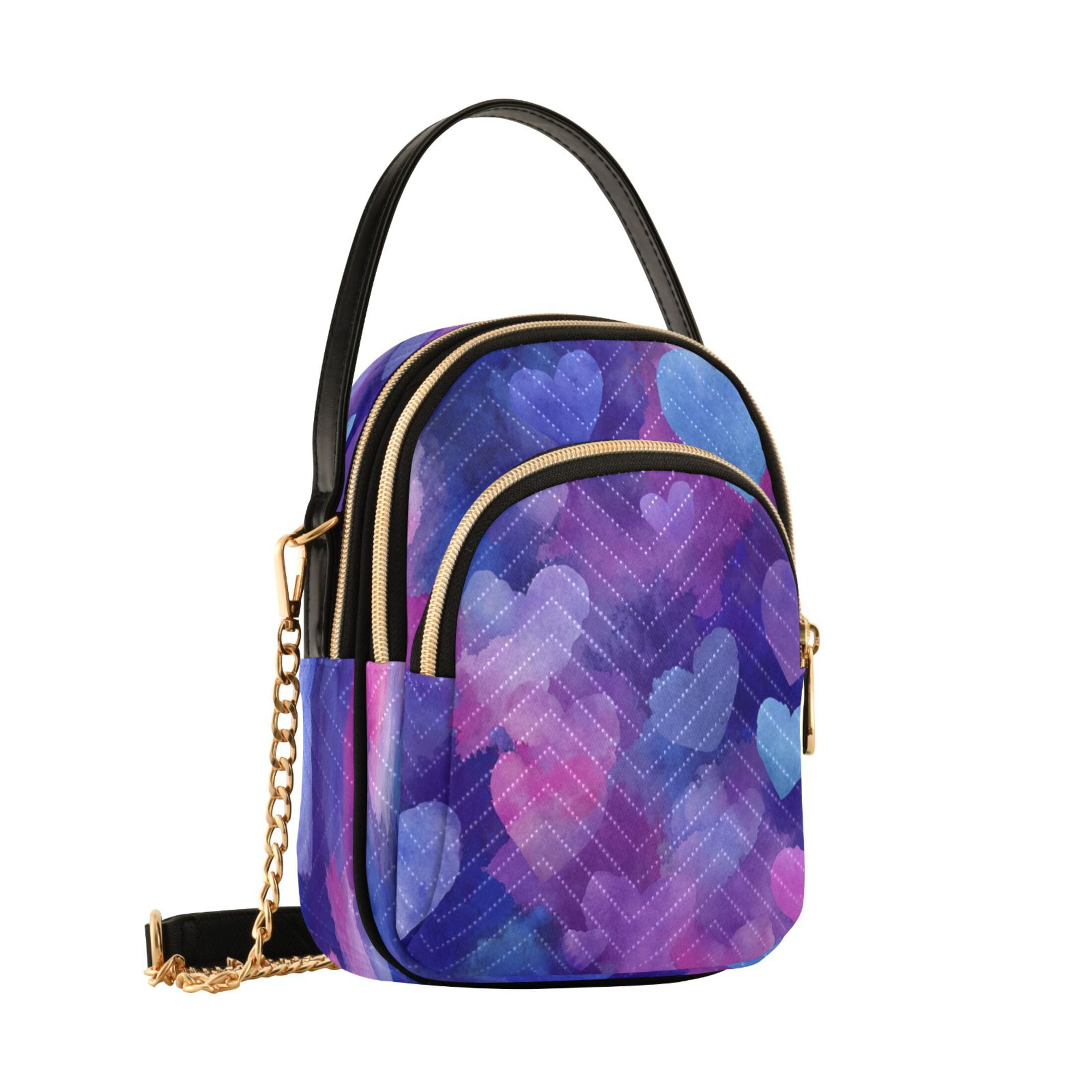 Quilted Women's Crossbody Bag Purses and Handbags with Detachable Leather Strap Indigo and Violet Hearts