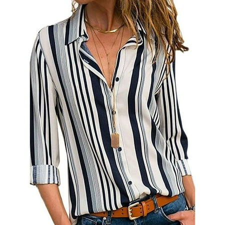 Roll Neck Shirts - Women's V Neck Stripes Roll up Sleeve Button Down Blouses Tops