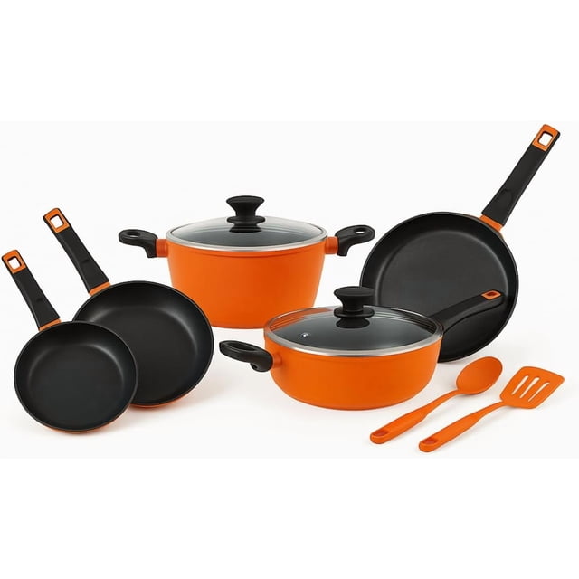 Batería de Cocina Ready Cook Aluminio Antiadherente Naranja Tapa de Vidrio Templado y Salida de Vapor 9 pzas