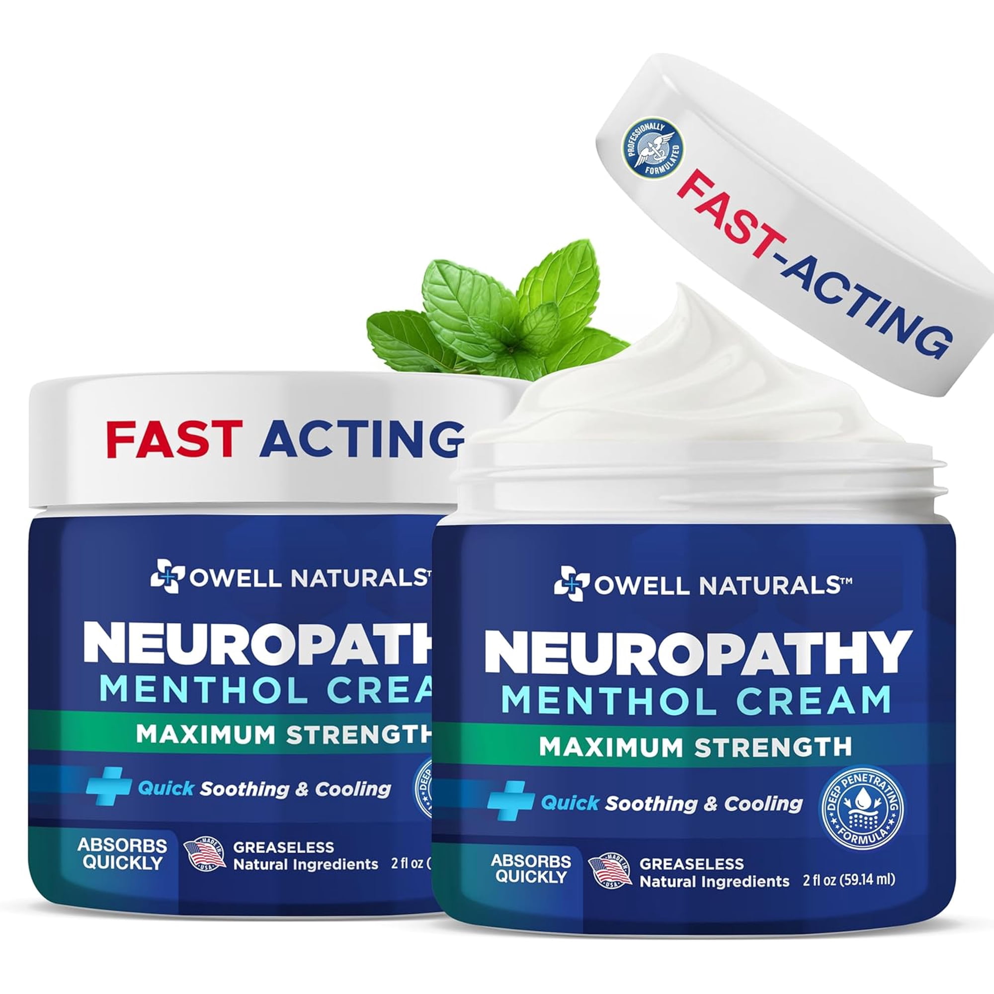 Owell Naturals Neuropathy Nerve Relief Cream, 2 Oz, Pack of 2, Neuropathy Relief Cream for Feet, Hands, Legs & Toes, Fast Acting Topical Nerve Pain Relief Cream with Natural Ingredients