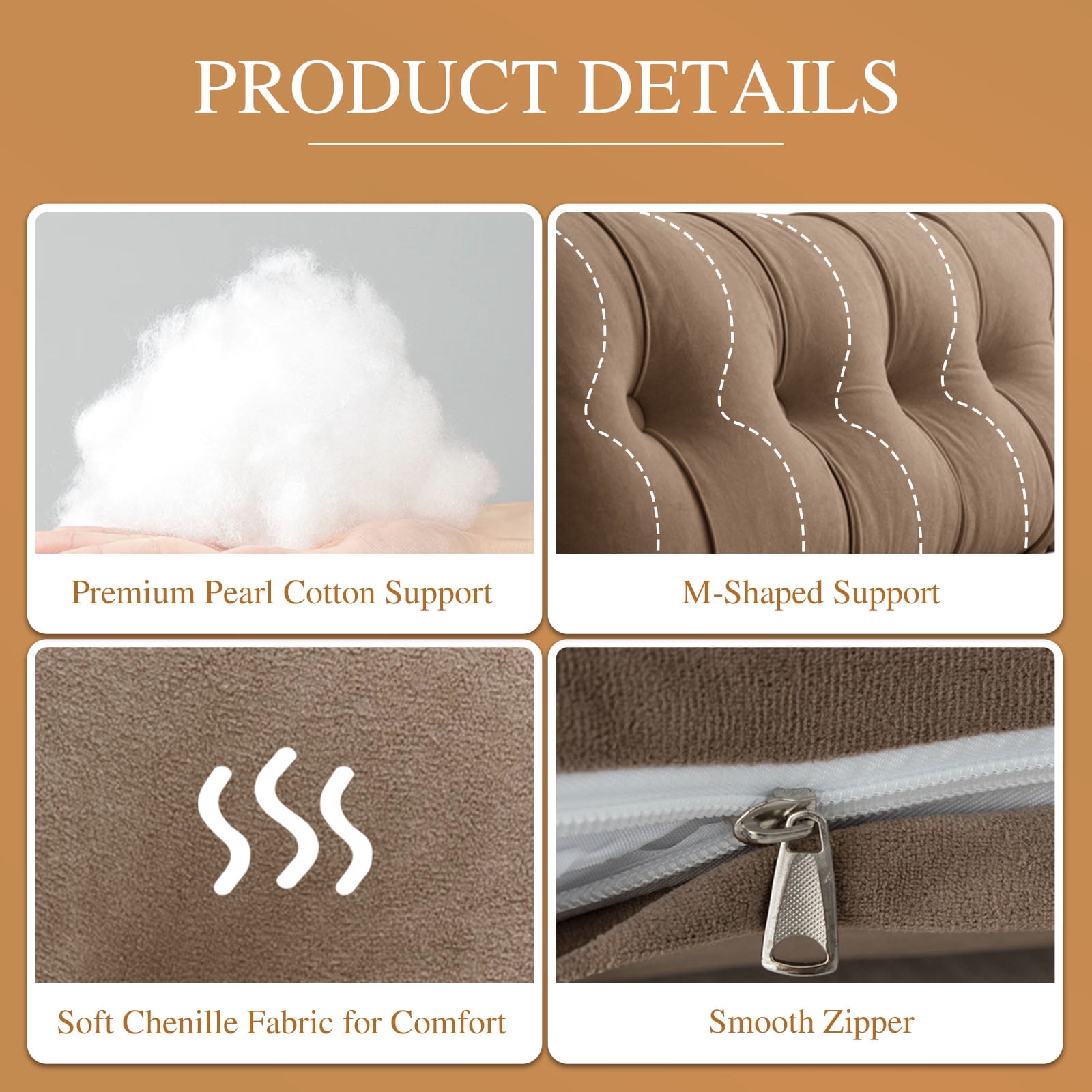 Desirable Life Headboard Pillow Wedge Pillow Bed Gap Filler Body Positioner Backrest Reading Bolster - Premium Chenille Fabric, Pearl Cotton Filling, Removable Cover (40" x 17.7" x 5.9", Camel)