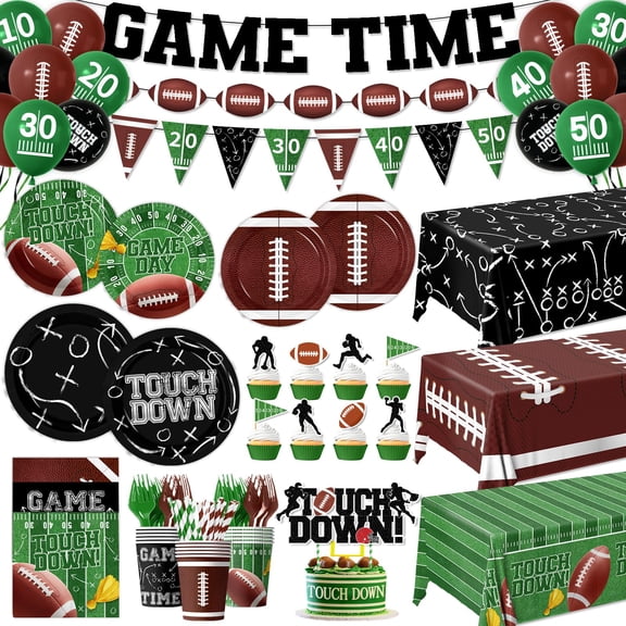Football Party Supplies Kit Serve 24,Touchdown Plates,Napkins,Tablecloth,Banner,Balloon Football Birthday Party Decorations Tableware Set for Game Day Tailgate Decor C113