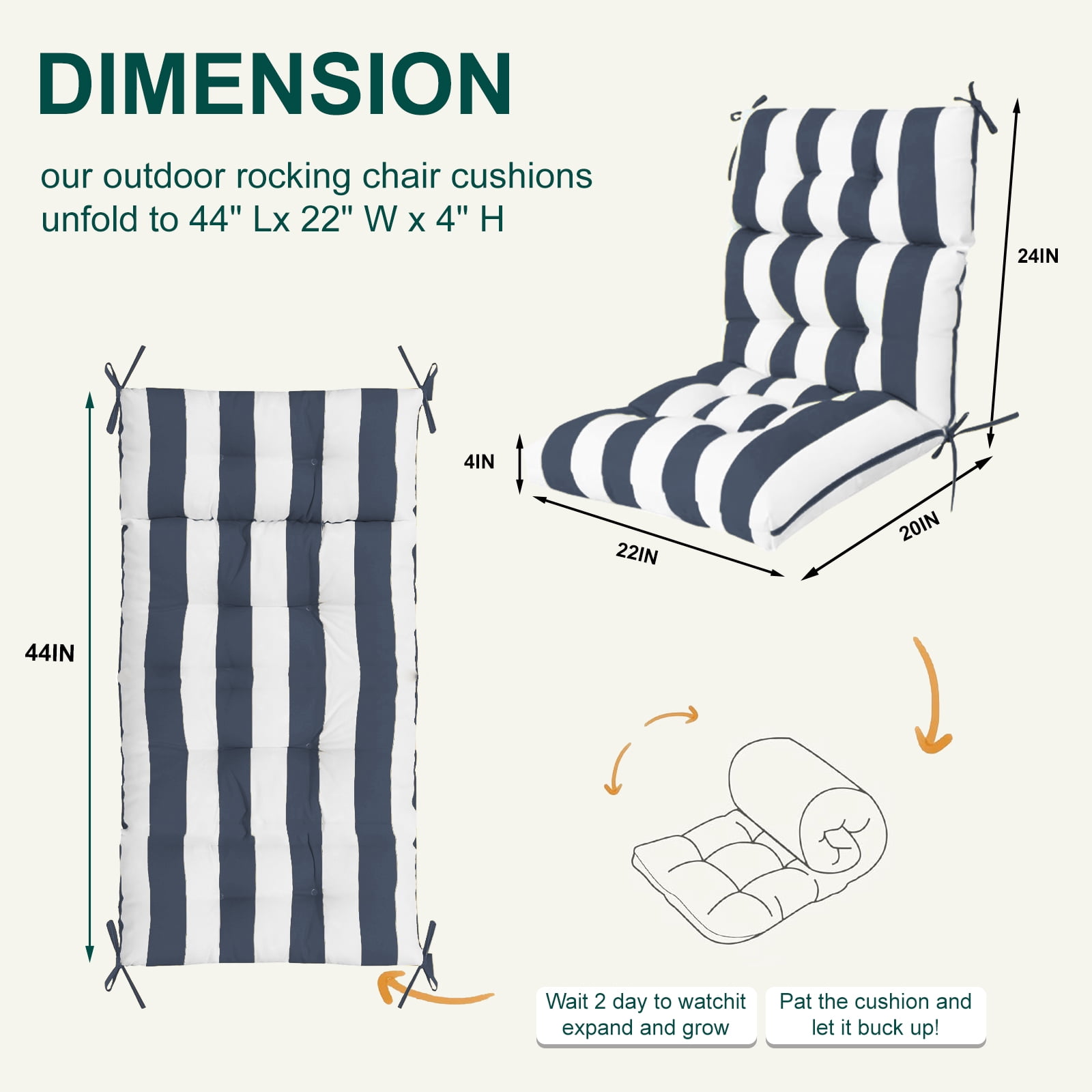 XXLYY Outdoor High Back Chair Cushions 2-Pack, 44”x22”x4” Waterproof Fade-Resistant Cushions with Ties for Adirondack & Rocking Chairs