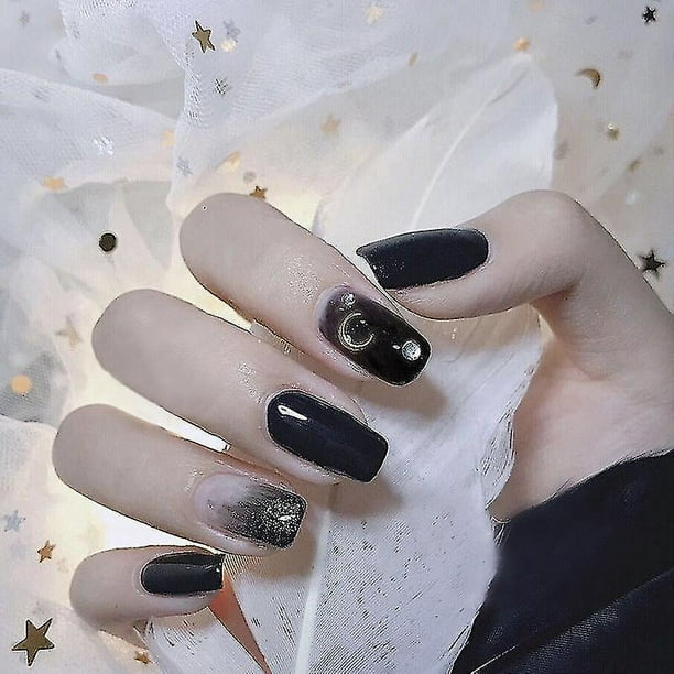 24 piezas de uñas postizas largas y negras con diseño bonito de estrella y luna, cobertura total